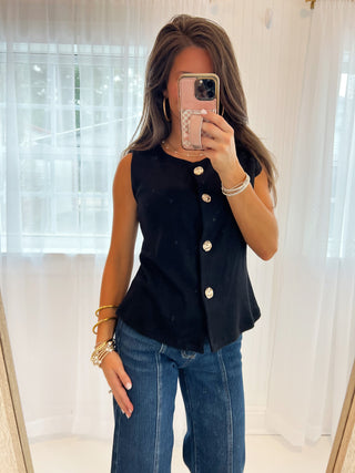 Coffee Date Button Front Vest - Black