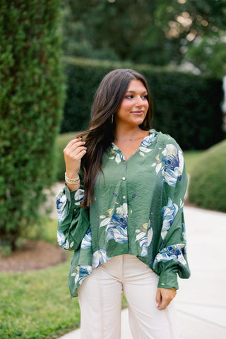 Forest Garden Floral Balloon Sleeve Button Down Top - Instyle Boutique