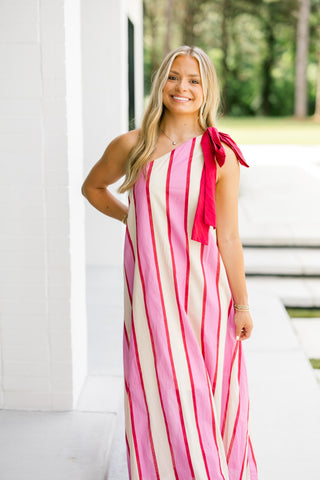 Victoria One Shoulder Striped Dress- Pink ~FINAL SALE~