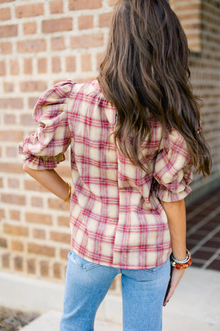 Berry Ruched Sleeve Plaid Top - Instyle Boutique