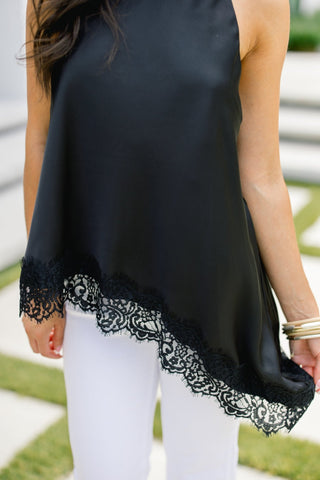 Black Satin Halter Top with Lace Hem - Instyle Boutique