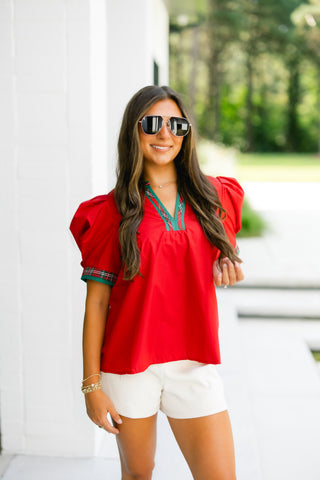 Red Puff Sleeve Blouse with Plaid Trim