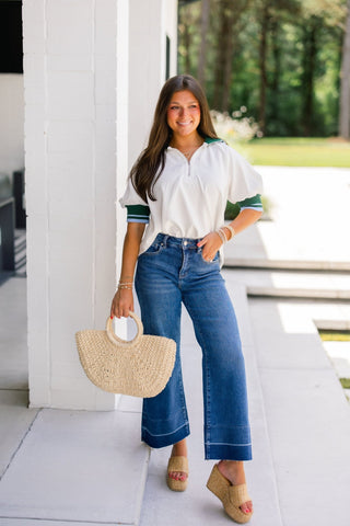White Varsity Stripe Half - Zip Woven Top - Instyle Boutique