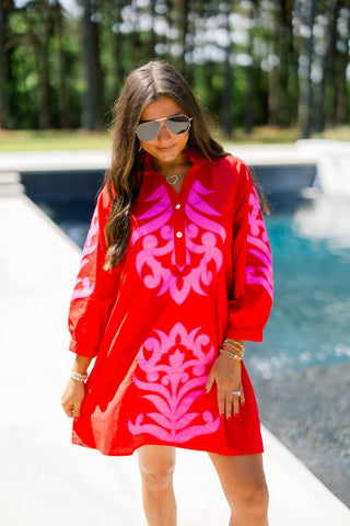 Red Damask Embroidered Ruffle Neck Mini Dress - Instyle Boutique