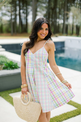 open lace back dress Rainbow Pastel Plaid Dress M