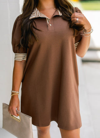 The Stripe Collar Shift Dress- Brown - Instyle Boutique