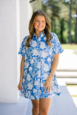 French Blue Floral Button - Down Shirt Dress - Instyle Boutique