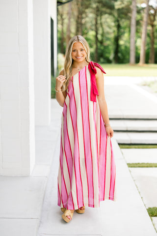 Victoria One Shoulder Striped Dress- Pink ~FINAL SALE~