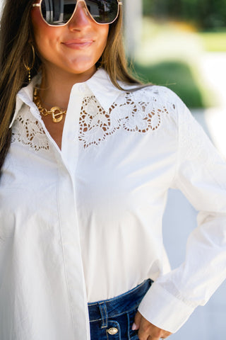 White Lace Cutout Button-Down Shirt - Instyle Boutique