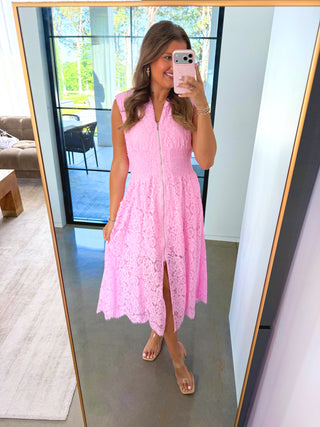 Pink Lace Zip - Front Midi Dress - Instyle Boutique