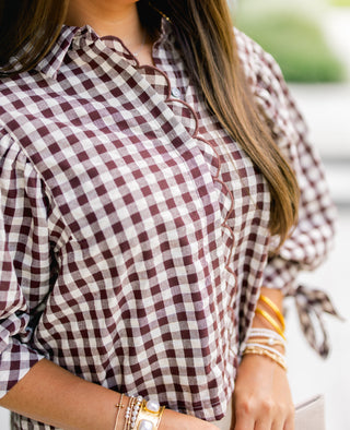 Sweet and Scalloped Brown Gingham Top