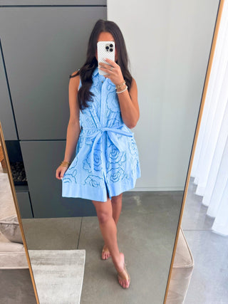 Sky Blue Sleeveless Floral Lace Mini Dress with Tie - Waist - Instyle Boutique