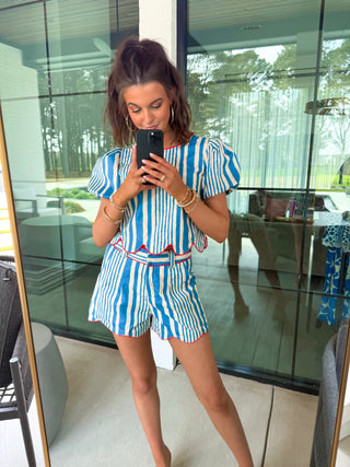 Coastal Stripe Puff Sleeve Top & Shorts Set - Instyle Boutique
