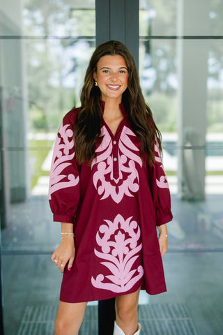 Burgundy Embroidered Ruffle Neck Mini Dress - Instyle Boutique