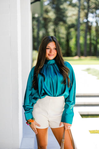 She's The Moment Teal Satin Top - Instyle Boutique