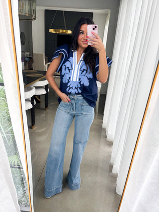 No Big Deal Navy Embroidered Top