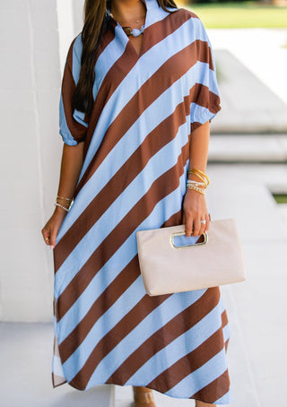 Baby Blue and Brown Striped Dress - Instyle Boutique