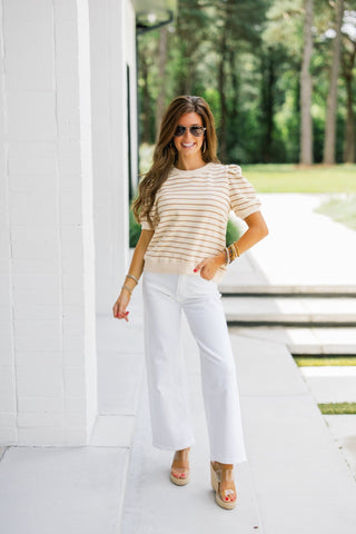 Ivory & Brown Stripe Puff Shoulder Sweatshirt Top - Instyle Boutique