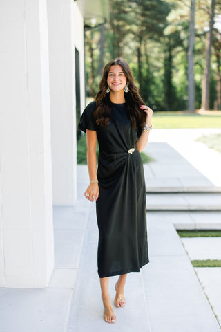 Black Satin Ruched Midi Dress - Instyle Boutique