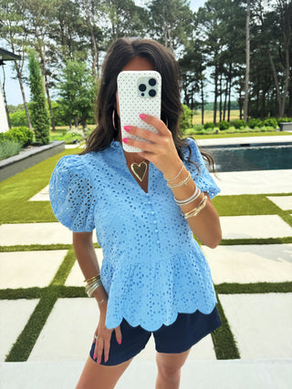 Sweet Frill Eyelet Top - Blue - Instyle Boutique