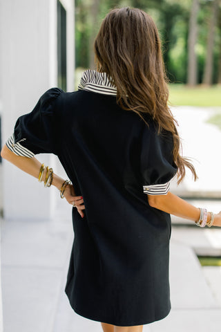 The Stripe Collar Shift Dress- Black