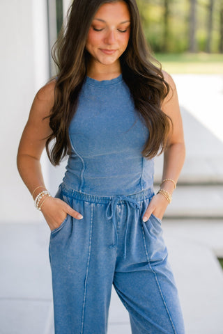 Indigo Wash Crop Tank & Wide - Leg Set - Instyle Boutique