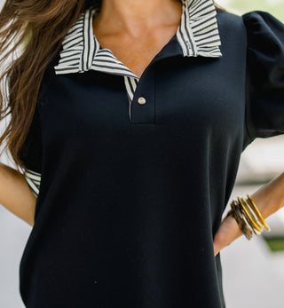 The Stripe Collar Shift Dress- Black