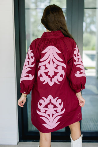 Burgundy Embroidered Ruffle Neck Mini Dress - Instyle Boutique