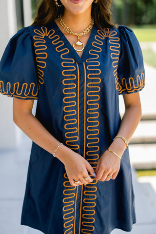 Midnight Navy Stitch Embroidered Puff Sleeve Dress
