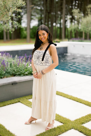 Oatmeal Bloom Tie - Strap Midi Dress - Instyle Boutique