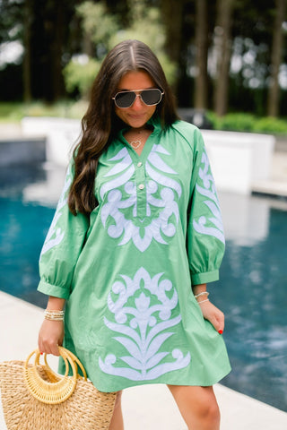 Green Damask Embroidered Ruffle Neck Mini Dress - Instyle Boutique