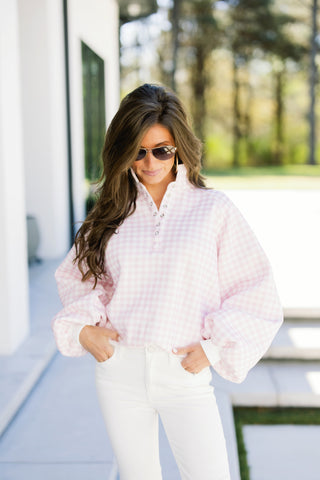 Pink Gingham Snap-Button Pullover