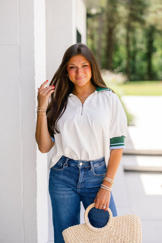White Varsity Stripe Half - Zip Woven Top - Instyle Boutique
