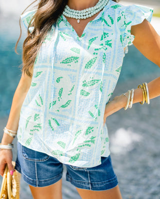 Trellis Tiles Blue & Green Top - Instyle Boutique