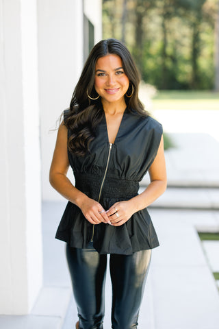 Zip Into Style Black Peplum Top