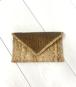 Brown Metallic Straw Clutch