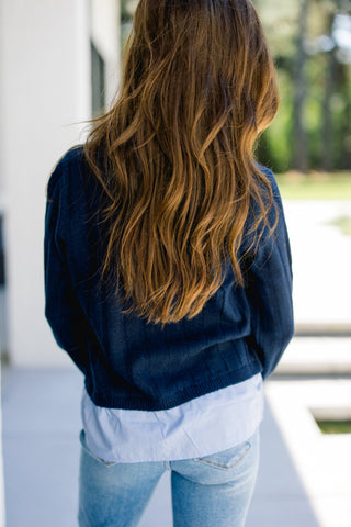 Navy Denim Patch Pocket Layered Sweater - Instyle Boutique