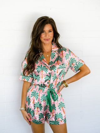 Palm & Flamingo Satin Pajama Set