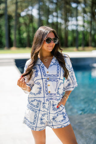 Blue Garden Print Button - Down Short Set - Instyle Boutique