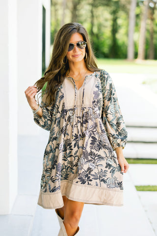 Boho Botanical Print Tunic Mini Dress