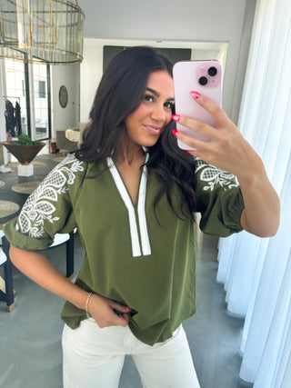 Oh So Elegant Embroidered Olive Top