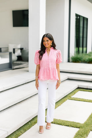 Sweet Frill Eyelet Top - Pink - Instyle Boutique