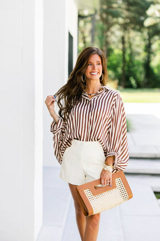 Cabana Stripe Drama Sleeve Button-Down Top - Instyle Boutique