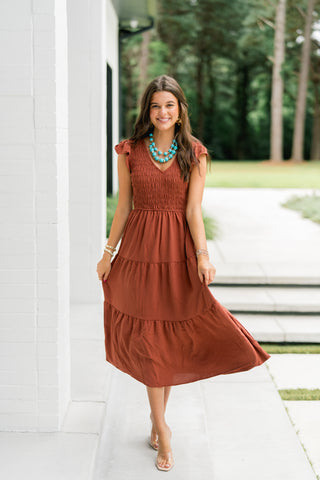 Rylee Ruffled Sleeve Dress-Rust