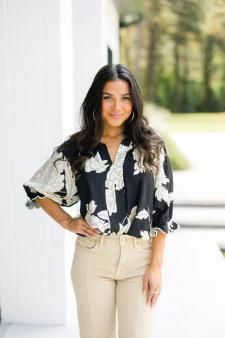 Perfectly Peony Printed Black Top