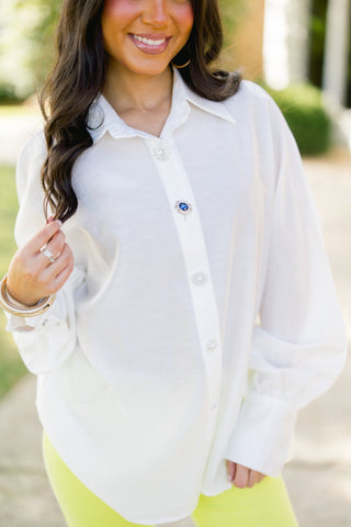 Bejeweled Babe White Button Down - Instyle Boutique