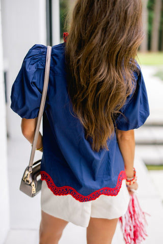 Navy Scallop Eyelet Blouse - Instyle Boutique