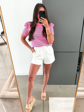 Pink Stripe Puff Shoulder Sweatshirt Top