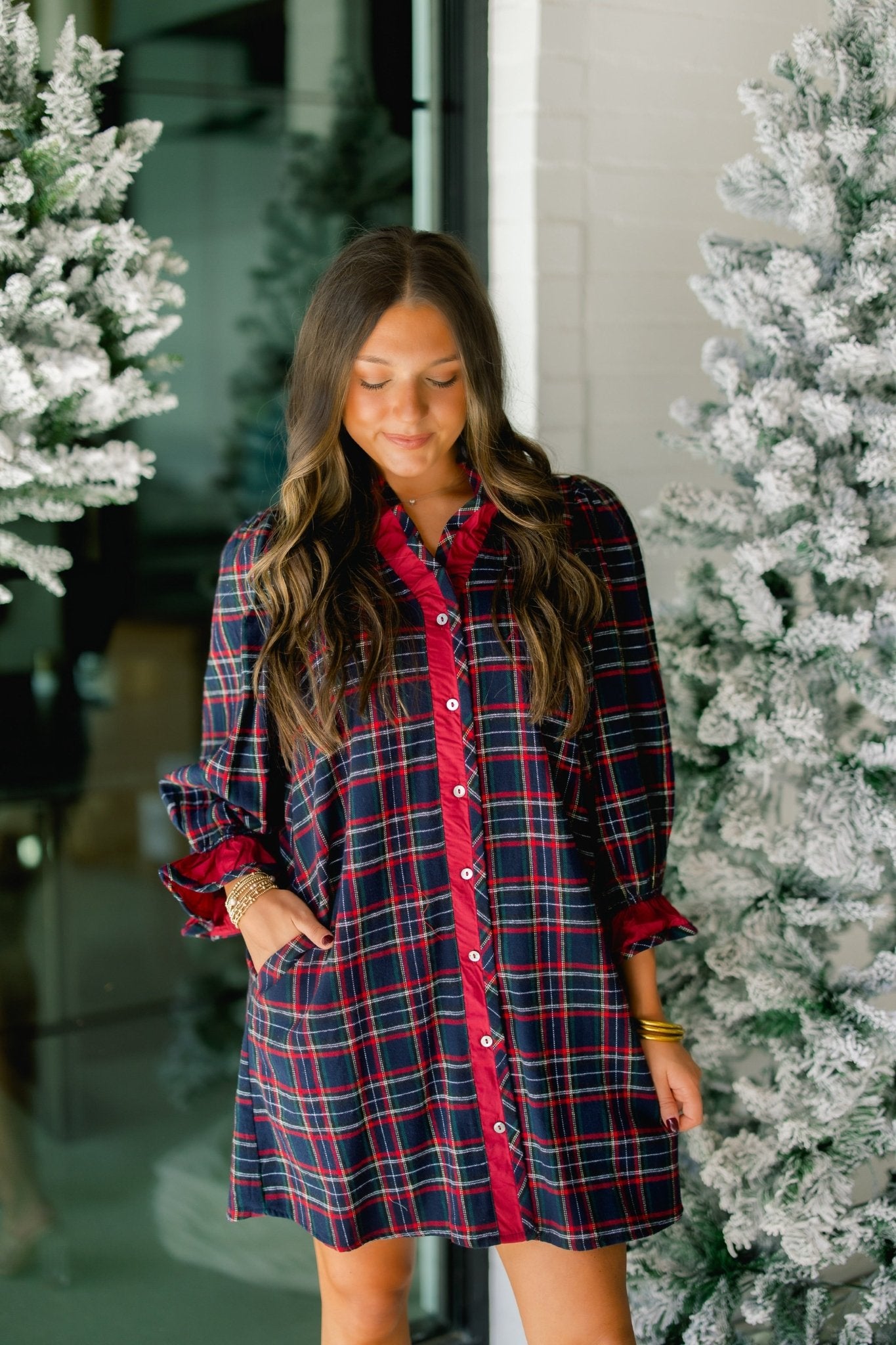 Women's Navy Plaid Button Front Dress Ruffle Trim Holiday Outfit Instyle Boutique Women's Navy Plaid Button Front Dress Ruffle Trim Holiday Outfit Instyle Boutique