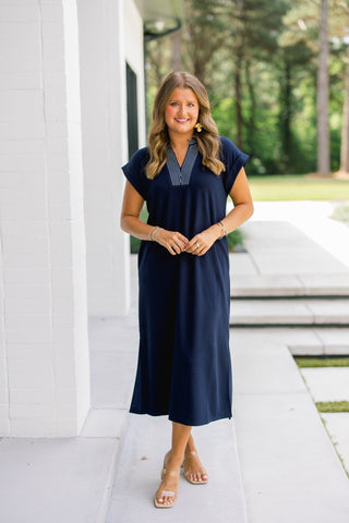 Navy Days Striped Collar Midi Dress - Instyle Boutique